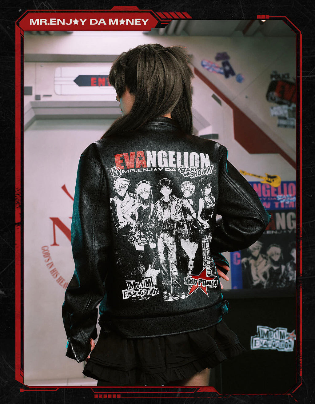 MEDM x EVA NEVER END Flame Character Portraits PU Leather Biker Jacket