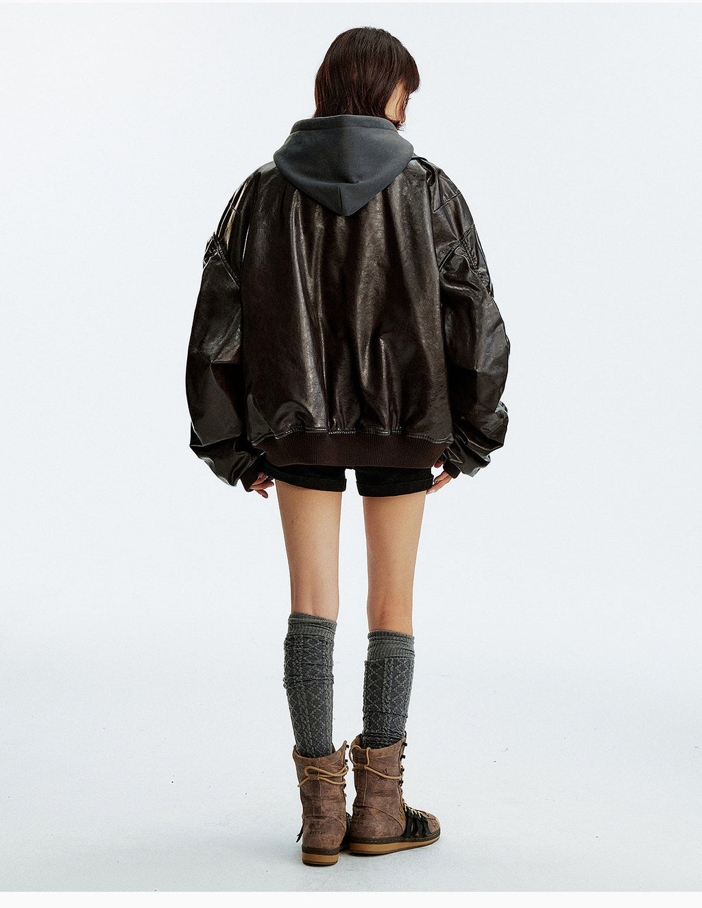 MEDM Layered Hood PU Leather Bomber Jacket