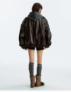 MEDM Layered Hood PU Leather Bomber Jacket