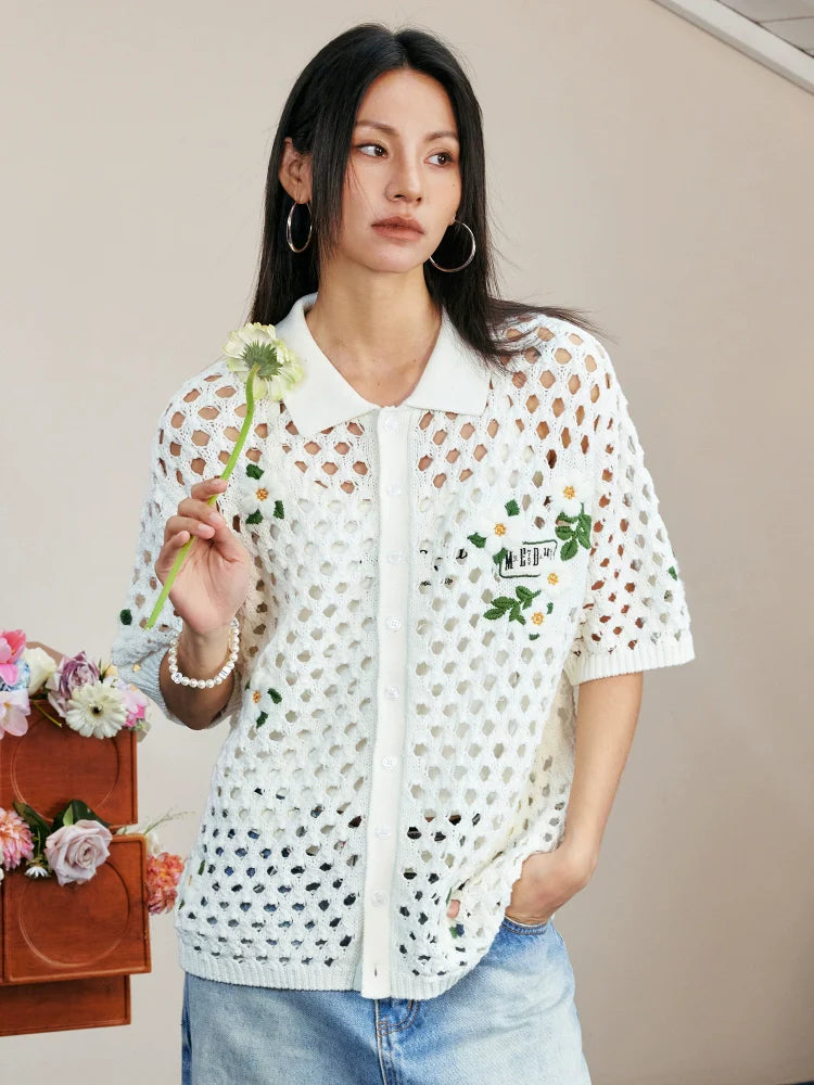 MEDM Flower Embroidery Open Knit Short Sleeve Shirt