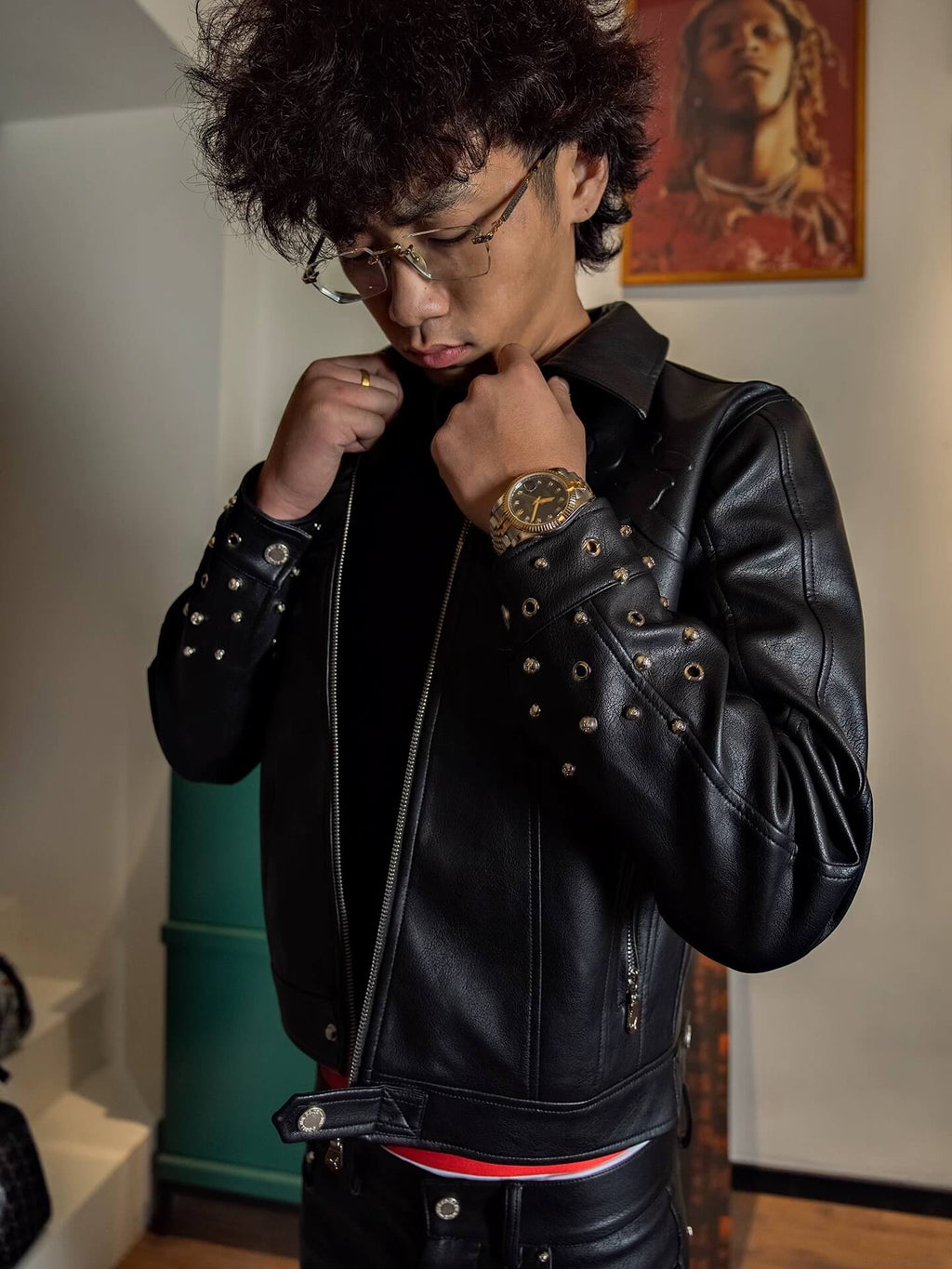 TGFCLUB Embossed Studded Slim Fit PU Leather Biker Jacket