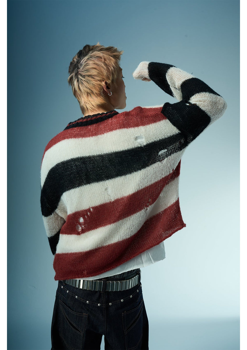 EVILKNIGHT(EK) Striped Colorblocking Distressed V-Neck Knit Sweater