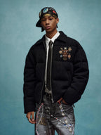 YADcrew x MEDM Cable Knit Pearl Embroidered Puffer Jacket