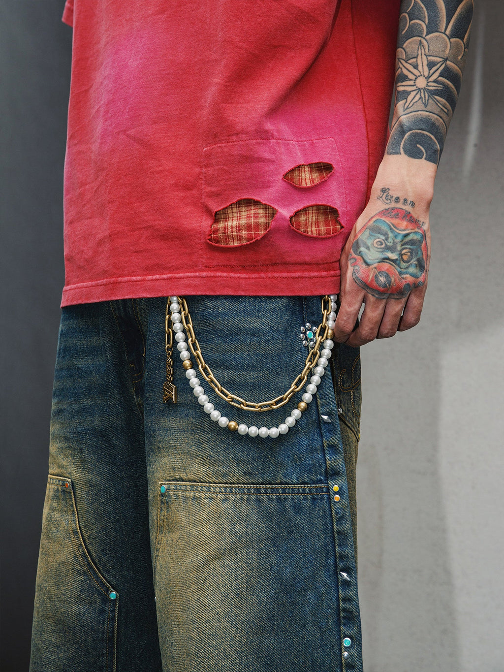 S45 Plaid Patchwork Washed Embroidered Logo Tee