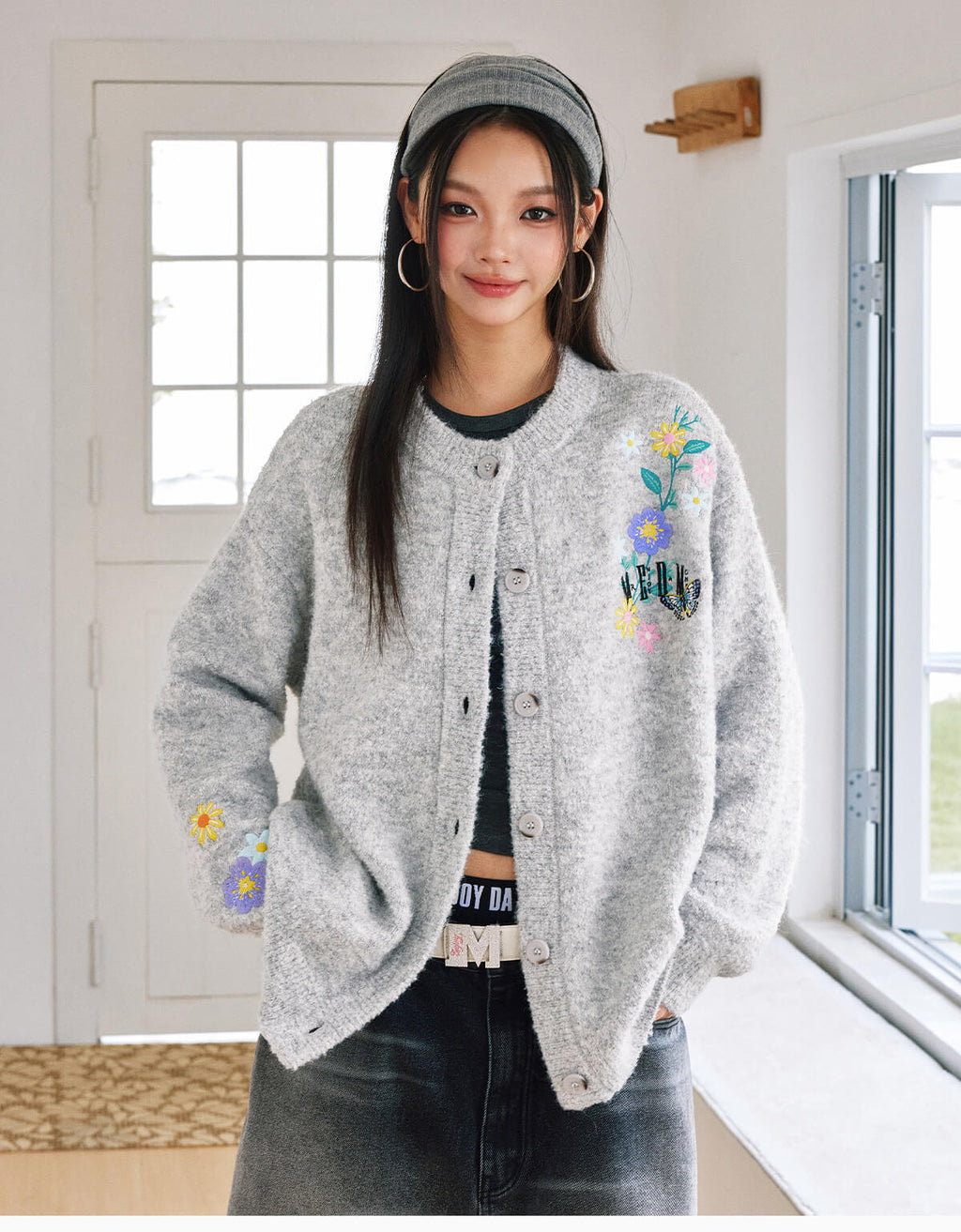 MEDM Floral Vine Embroidered Knit Cardigan