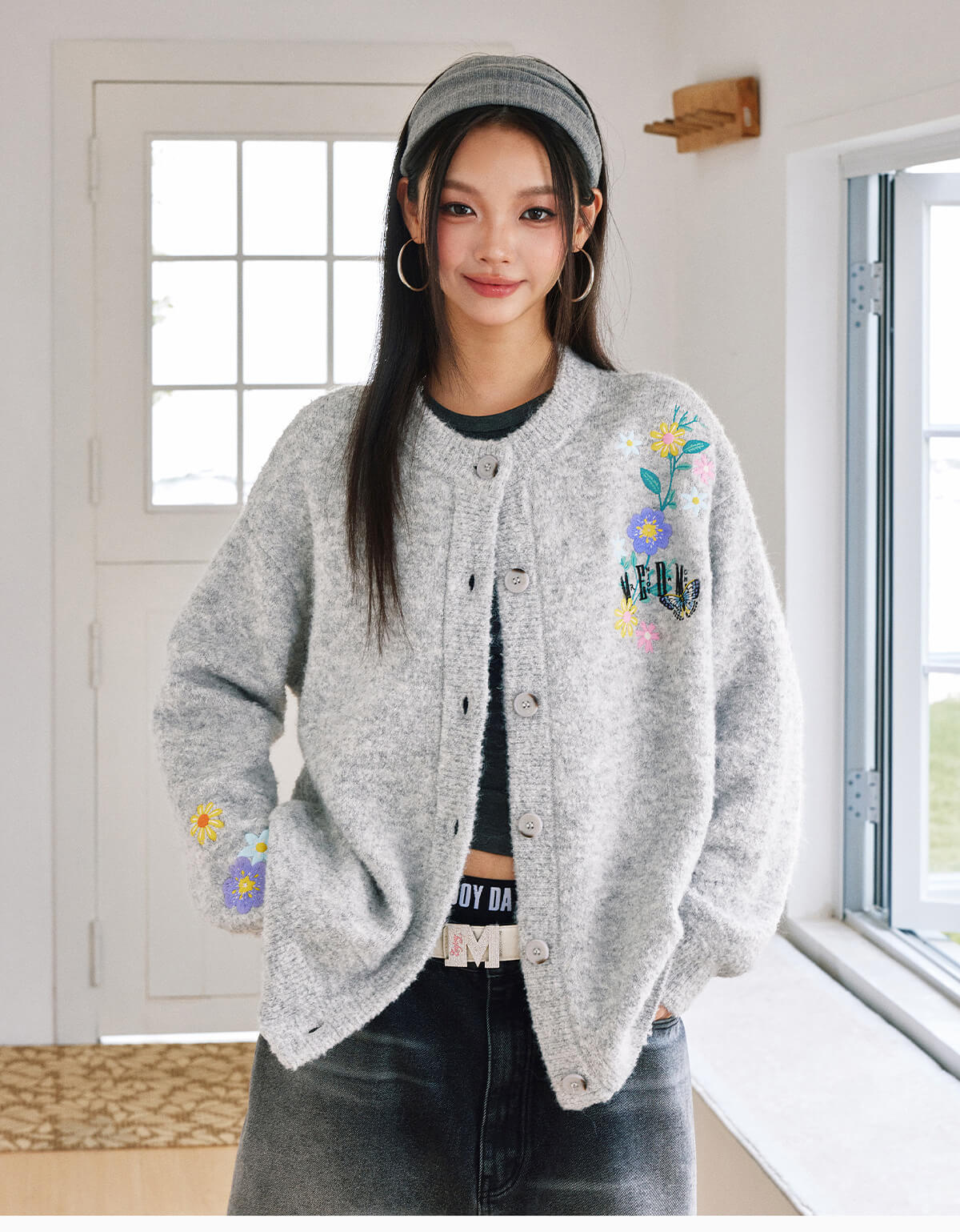 MEDM Floral Vine Embroidered Knit Cardigan
