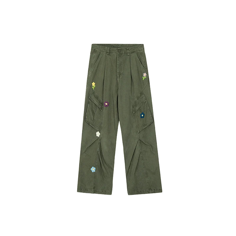 Achock Washed Multi Pocket Flower Embroidery Work Cargo Pants