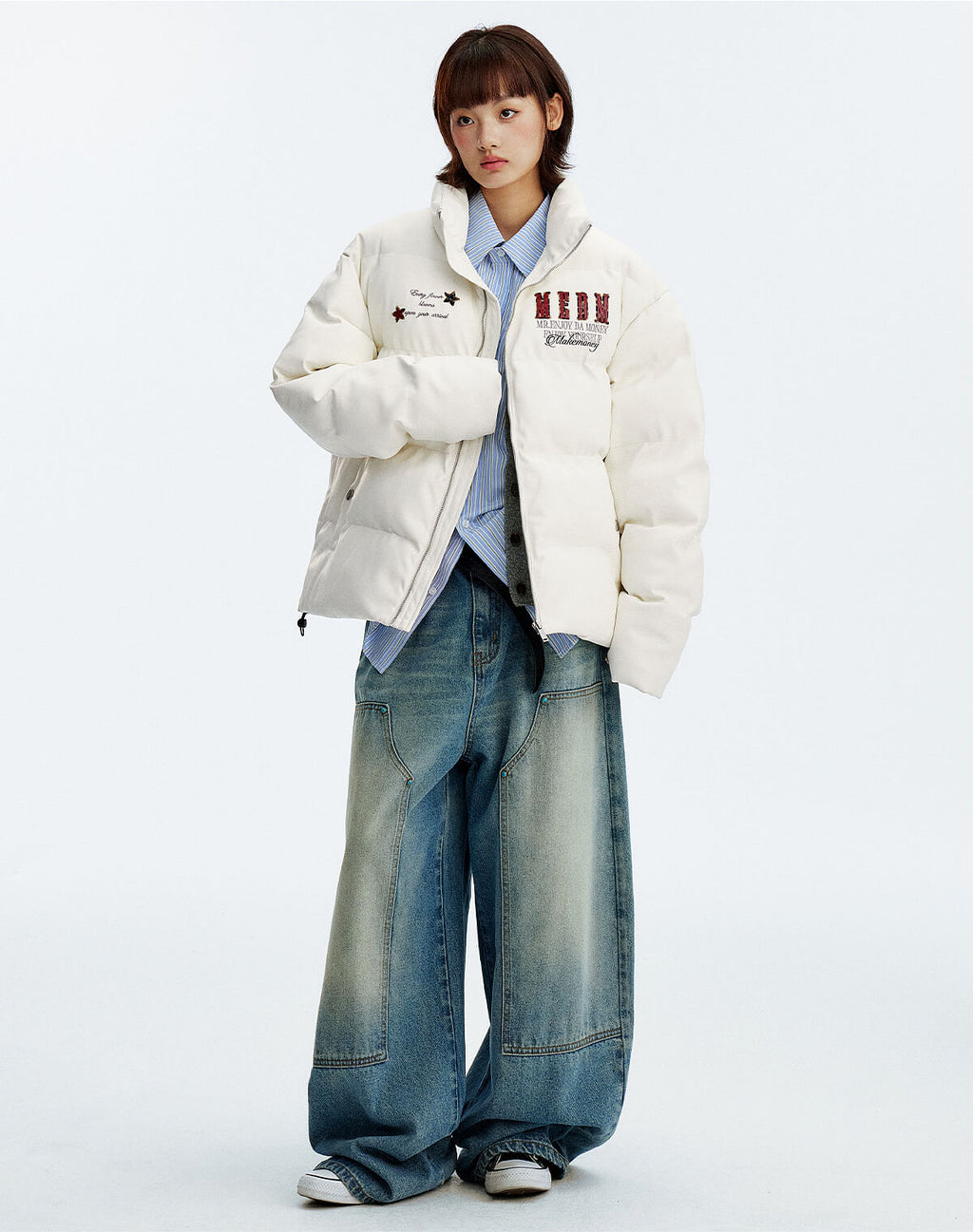 MEDM Leopard Patch PU Leather Puffer Jacket