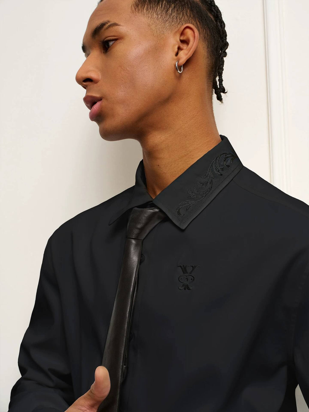 YADcrew Embroidered Lapel Button Up Long Sleeve Shirt
