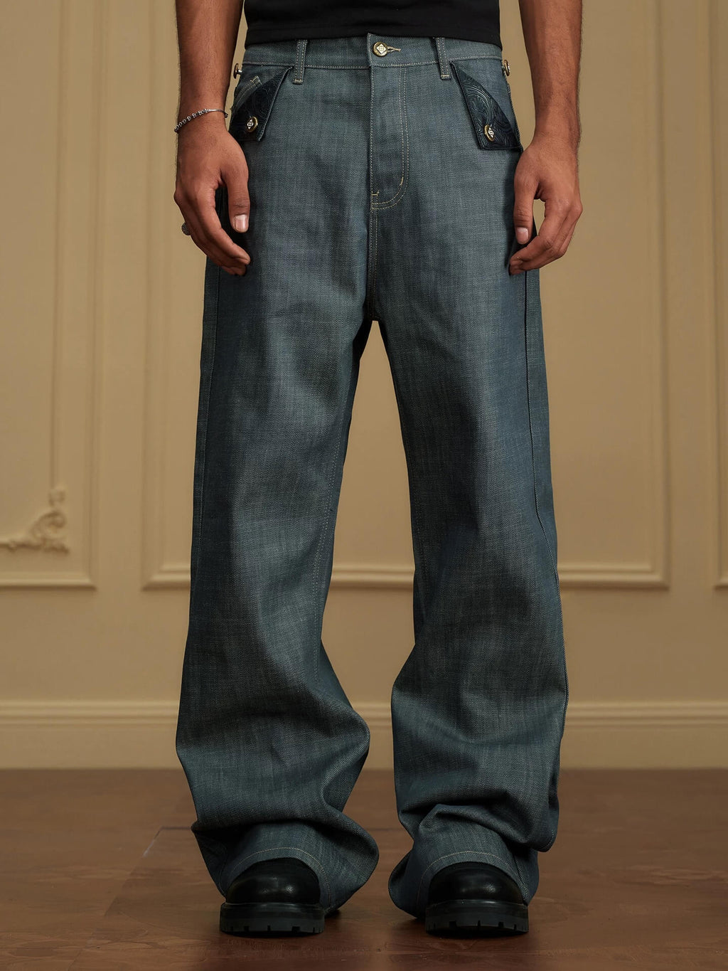 YADcrew Fold Over Leather Patch Pocket Jeans