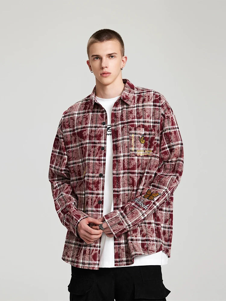 Achock Washed Plaid Butterfly Embroidery Long Sleeved Shirt