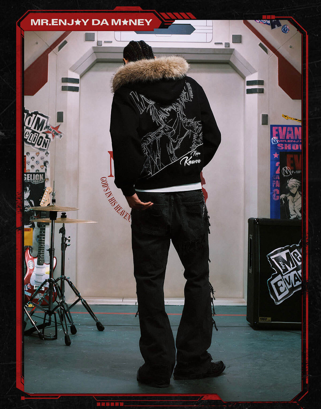 MEDM x EVA NEVER END Character Print Logo Embroidered Fur Hood Zip Up Hoodie