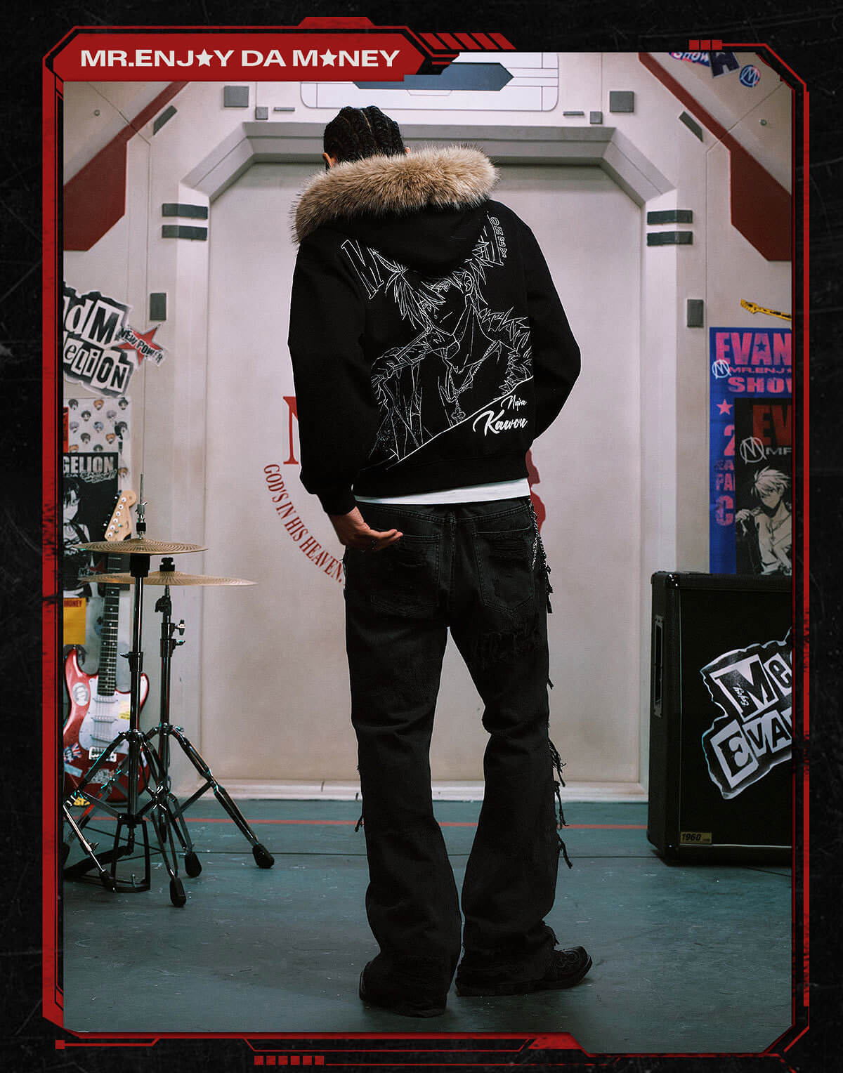 MEDM x EVA NEVER END Character Print Logo Embroidered Fur Hood Zip Up Hoodie
