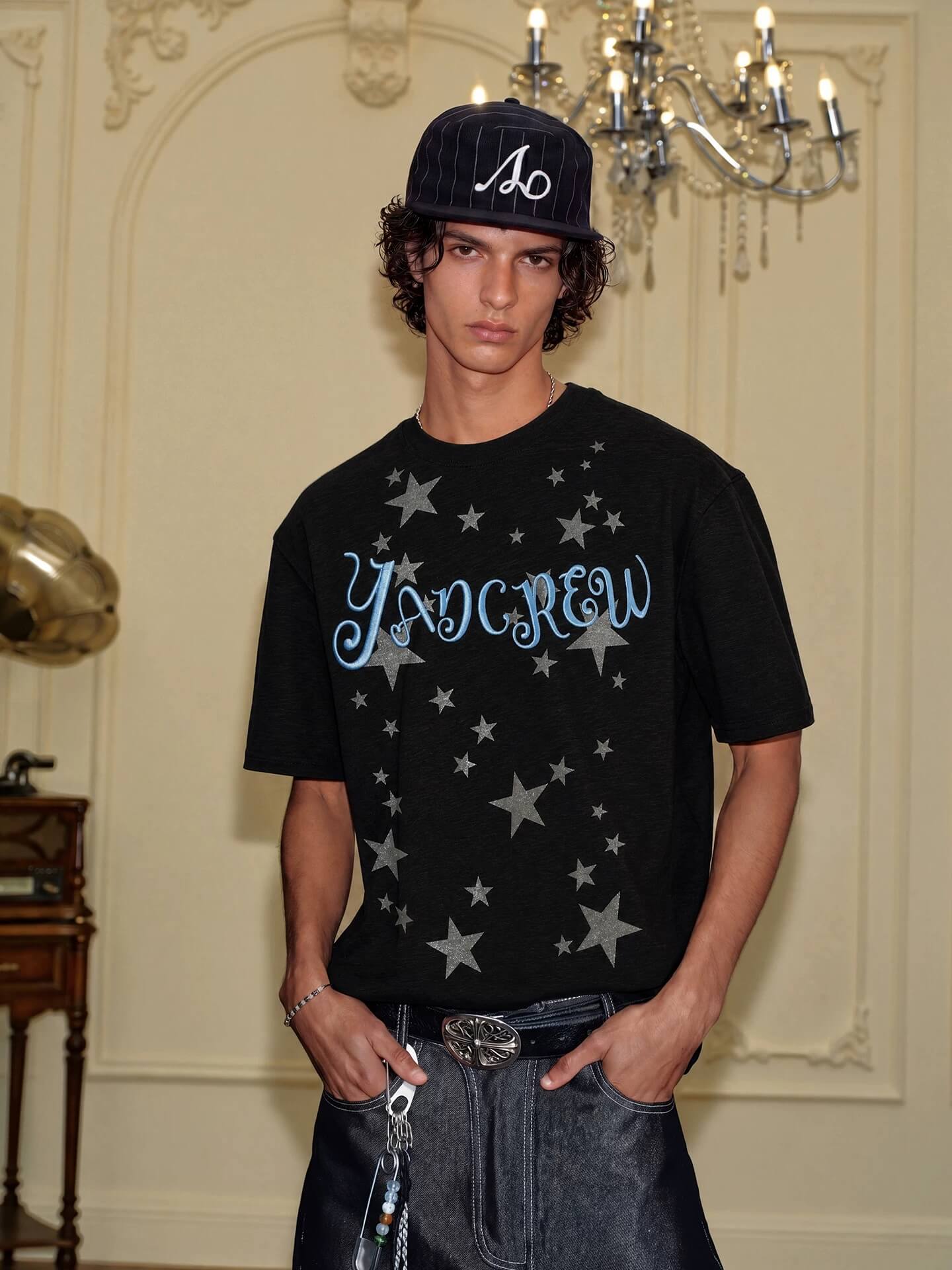 YADcrew Star Print 3D Logo Embroidered Tee