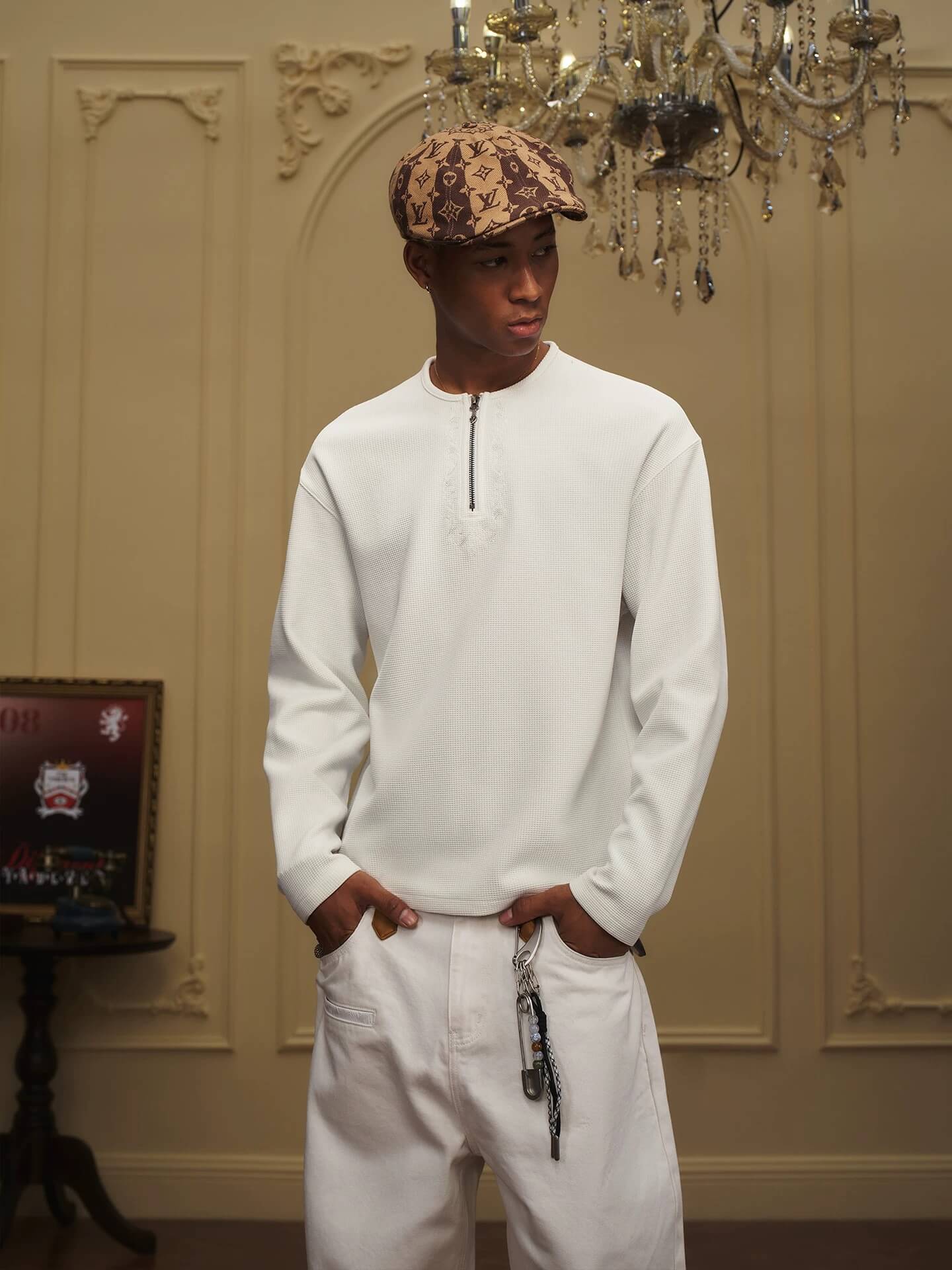 YADcrew Baroque Embroidered Half Zip Waffle Thermal Long Sleeve Tee