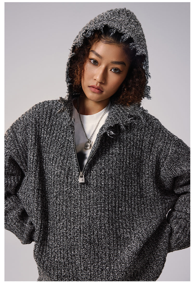 Remedy Distressed Hooded Zipper Knit Cardigan