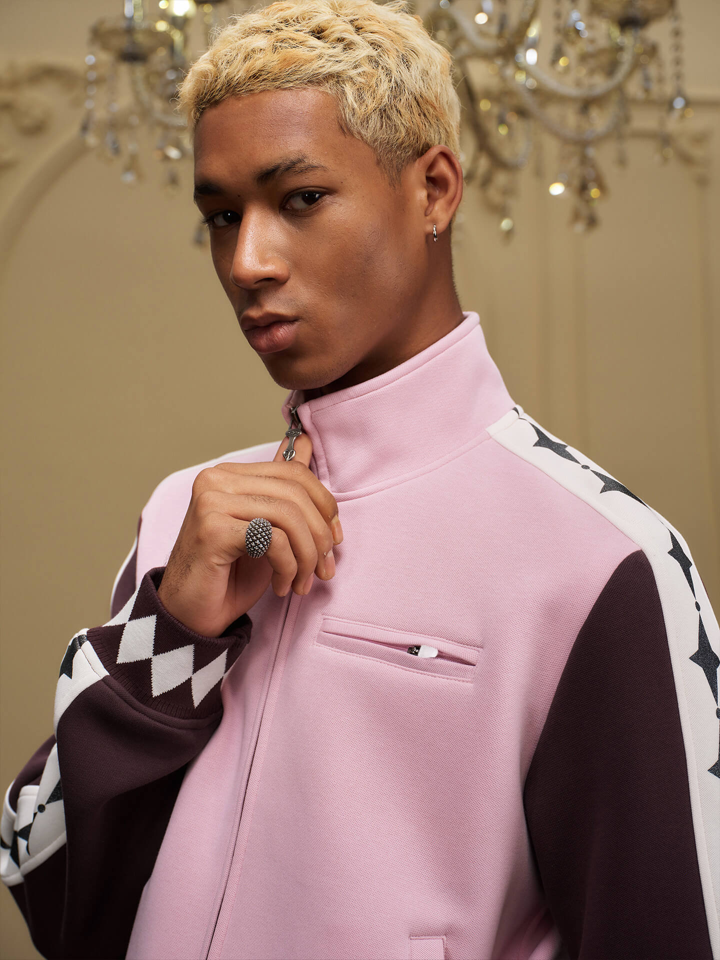 YADcrew Glitter Star Sleeve Stripe Track Jacket