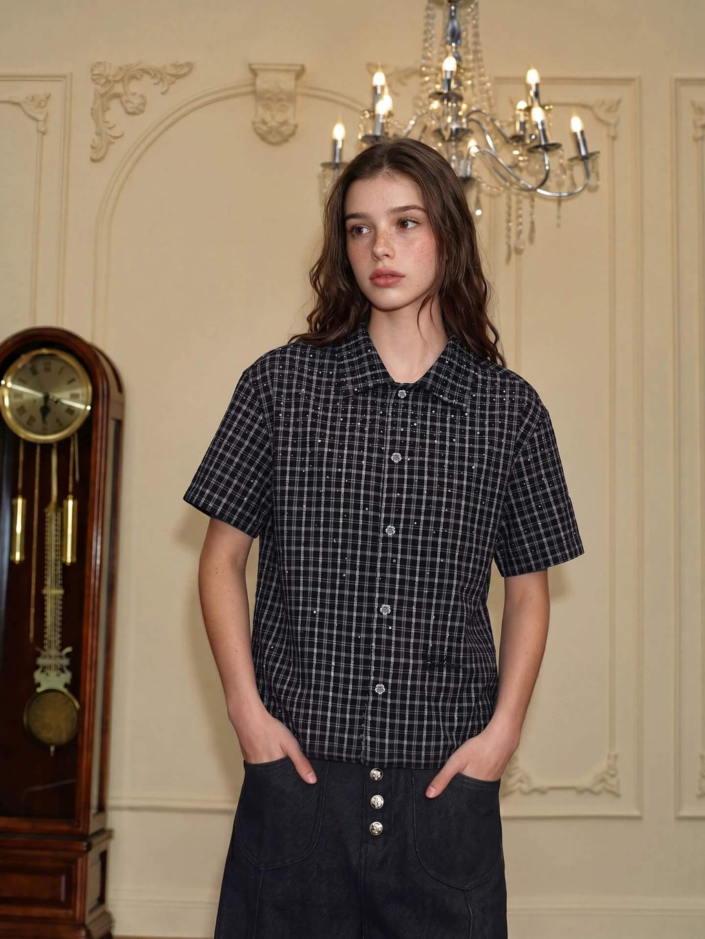 YADcrew Plaid Rhinestone Cascade Flower Button Short Sleeve Shirt