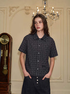 YADcrew Plaid Rhinestone Cascade Flower Button Short Sleeve Shirt