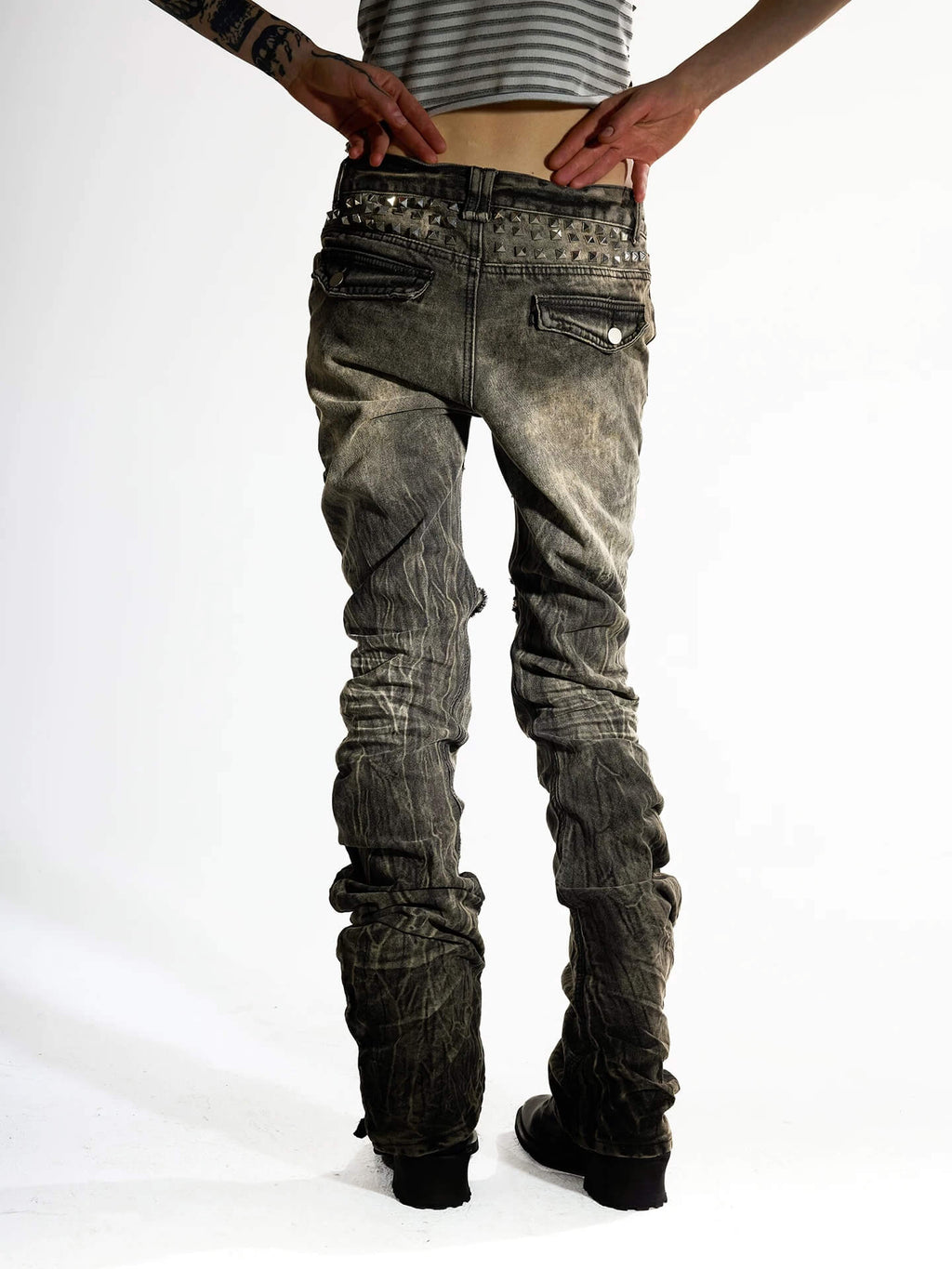 Night Lab Rock Rivet Washed Distressed Curved Slim Fit Jeans