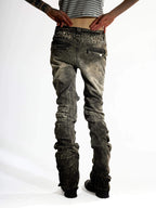 Night Lab Rock Rivet Washed Distressed Curved Slim Fit Jeans