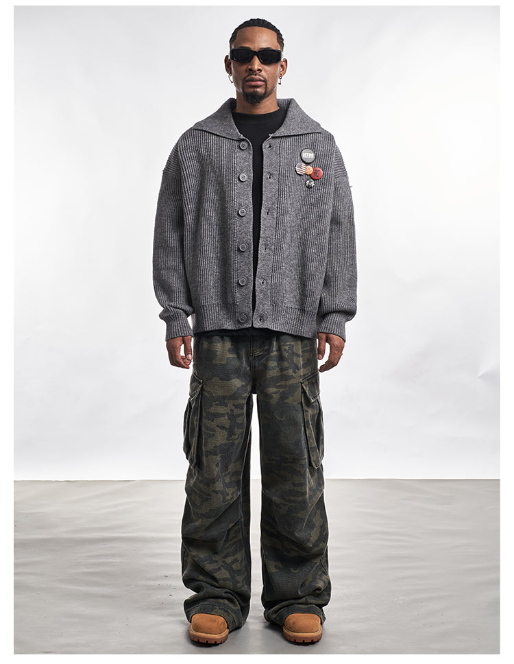 F3F Select Wide Lapel Gray Button Knit Cardigan