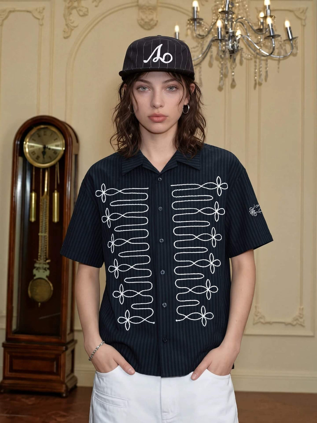 YADcrew Braid Embroidered Striped Seersucker Short Sleeve Shirt