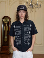 YADcrew Braid Embroidered Striped Seersucker Short Sleeve Shirt