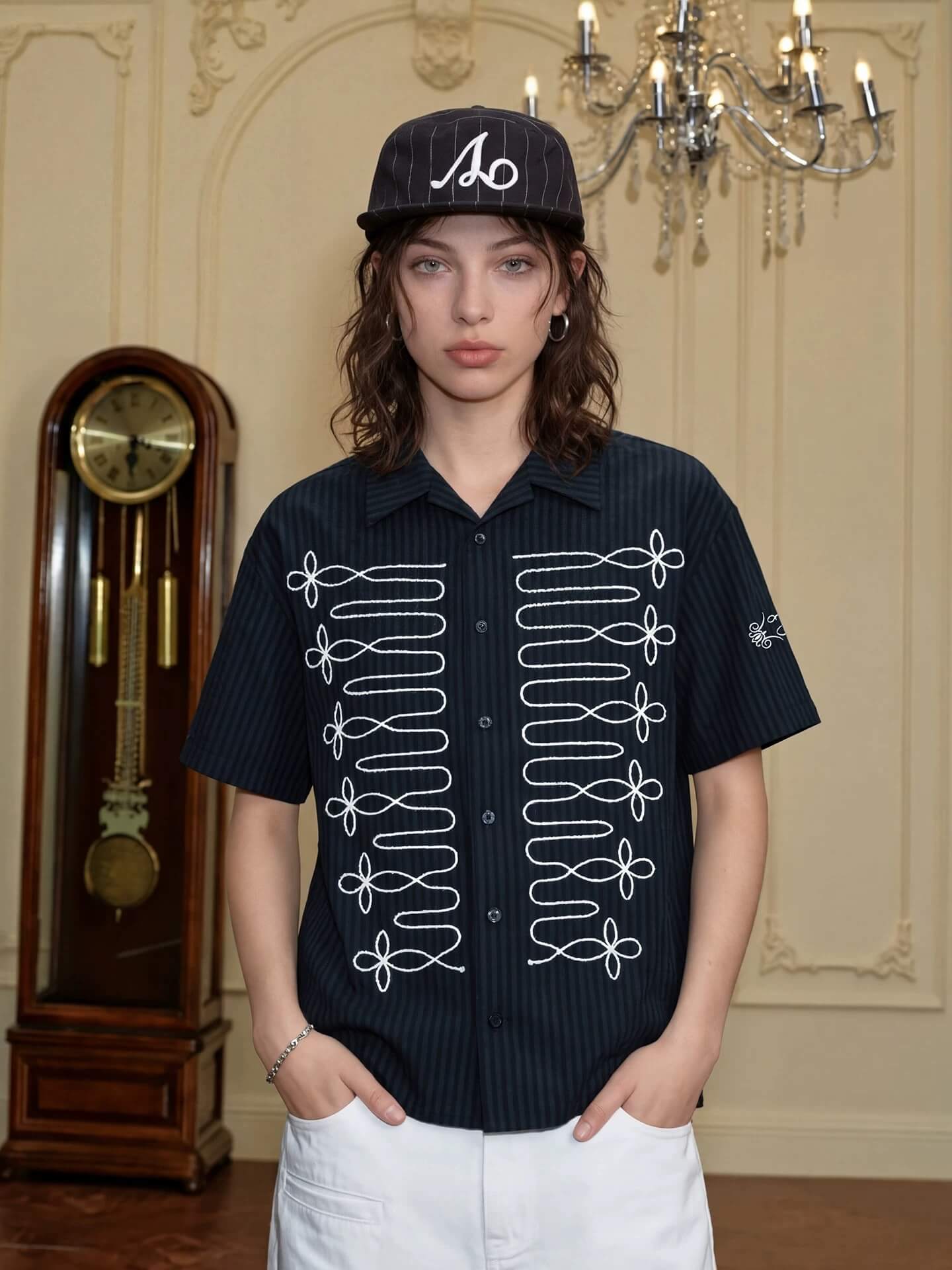 YADcrew Braid Embroidered Striped Seersucker Short Sleeve Shirt