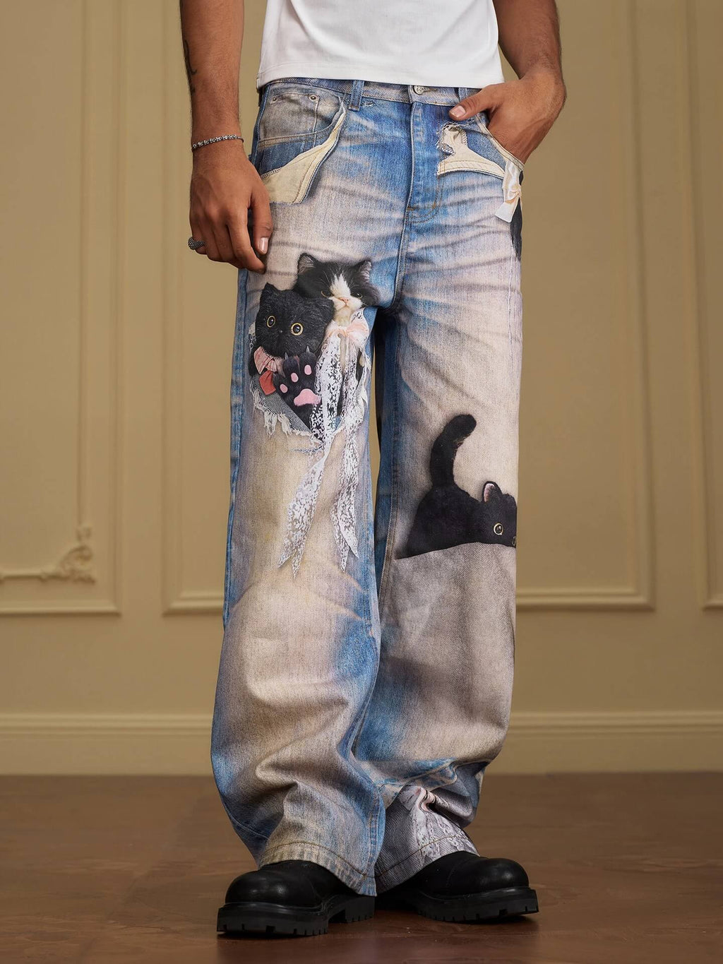 YADcrew Black Cat And Bow Print Baggy Jeans