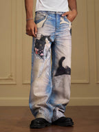 YADcrew Black Cat And Bow Print Baggy Jeans