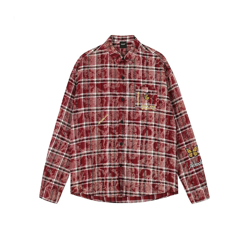 Achock Washed Plaid Butterfly Embroidery Long Sleeved Shirt