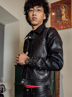 TGFCLUB Embossed Studded Slim Fit PU Leather Biker Jacket
