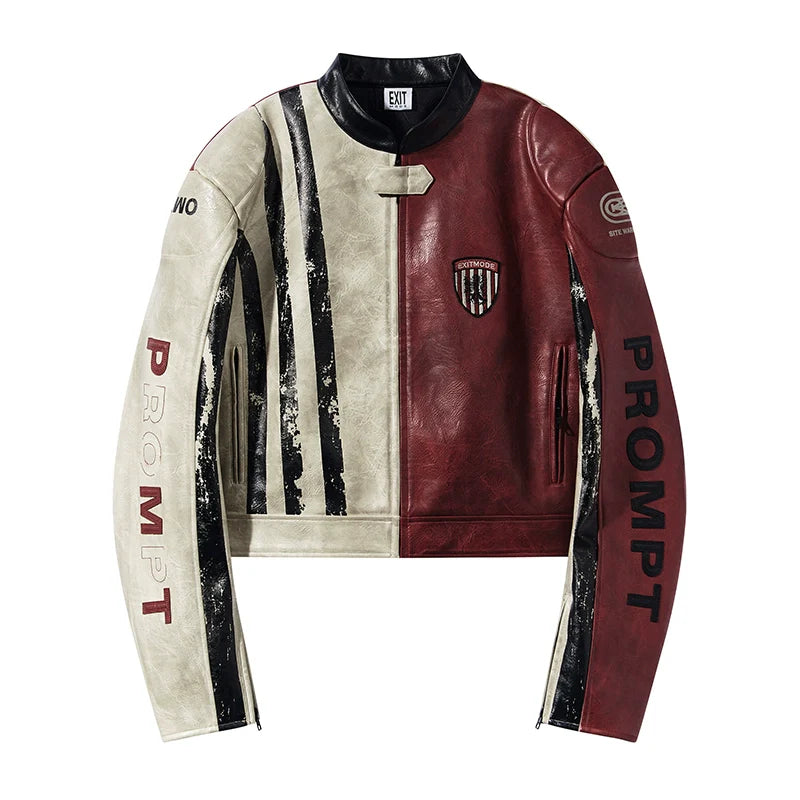 BLIND NO PLAN Distressed Leather Contrast Racing Jacket