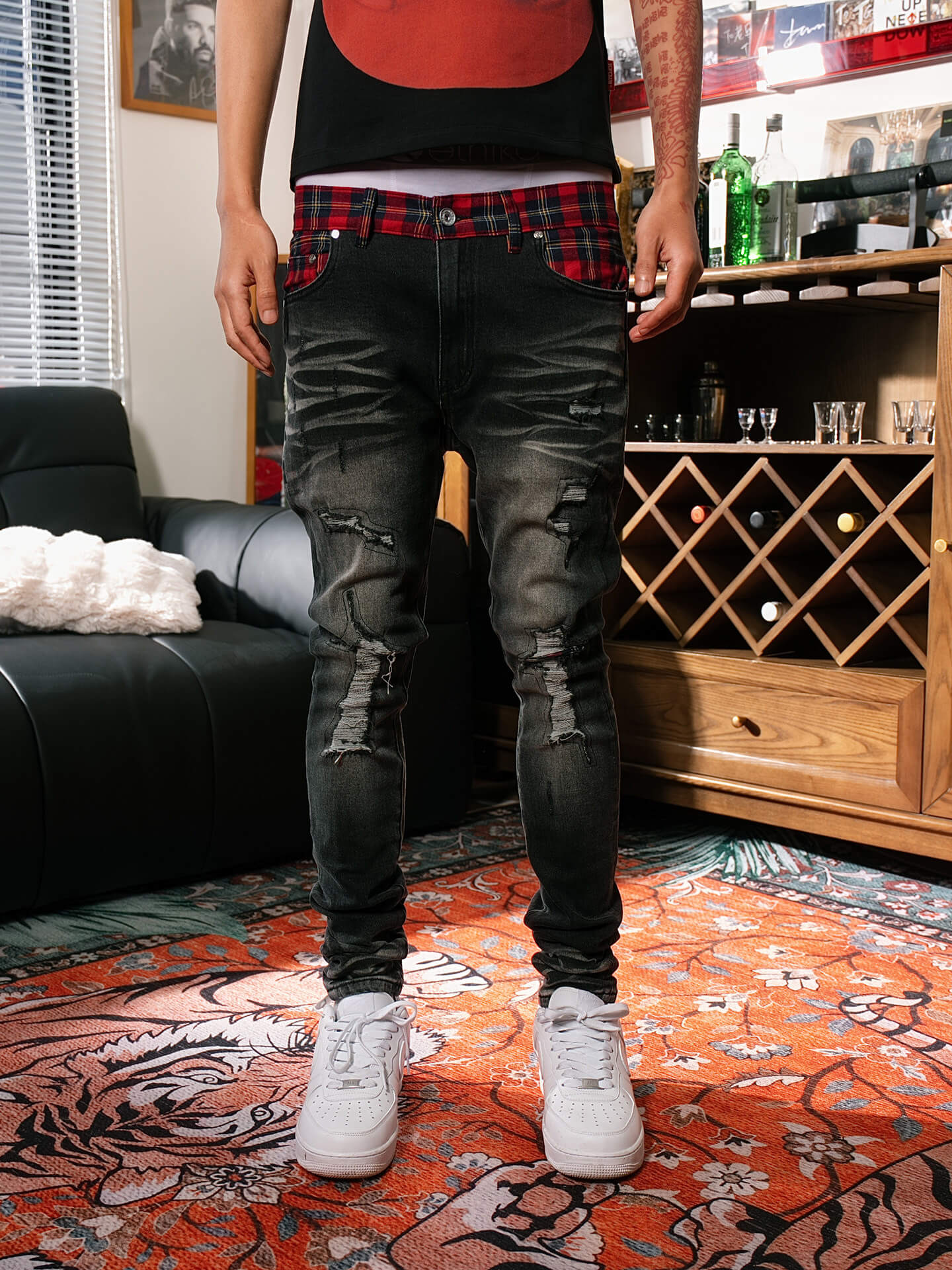 TGFCLUB Plaid Patchwork Waistband Skinny Jeans