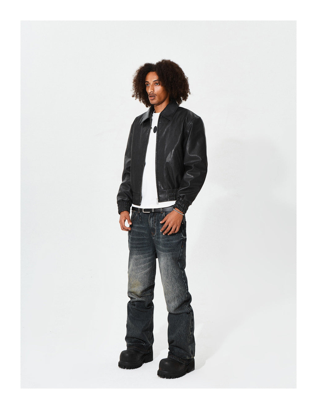 KARMANISTIC Graphic Embroidered Leather Short Bomber Jacket