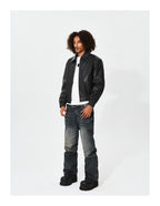KARMANISTIC Graphic Embroidered Leather Short Bomber Jacket