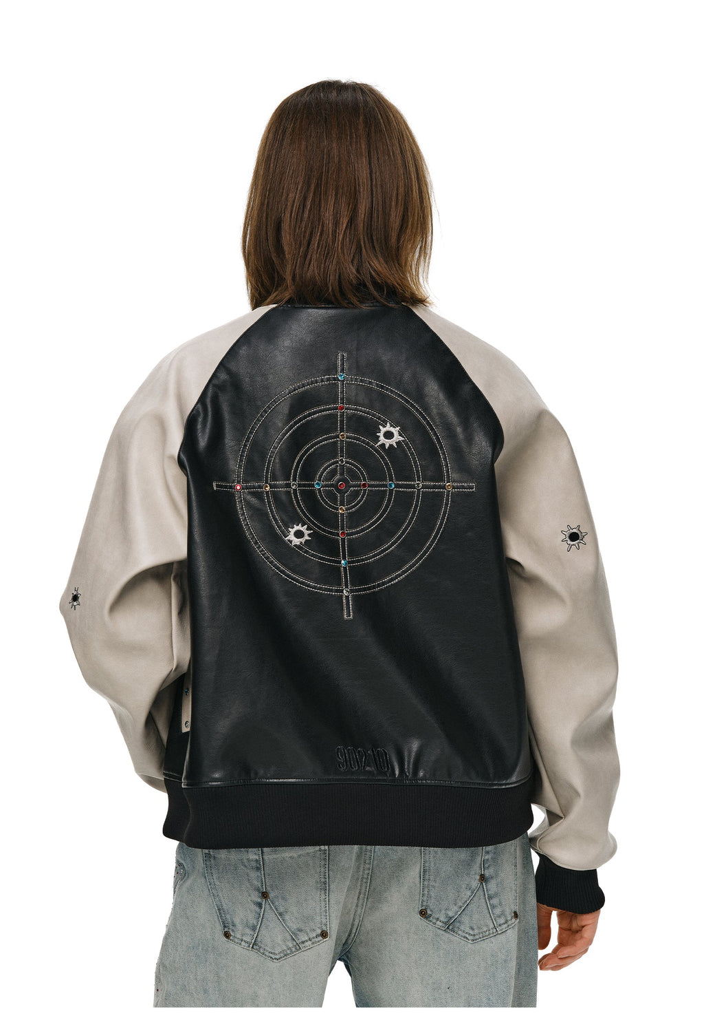 ANTIDOTE Bullseye Color Diamond Studded Leather Baseball Jacket