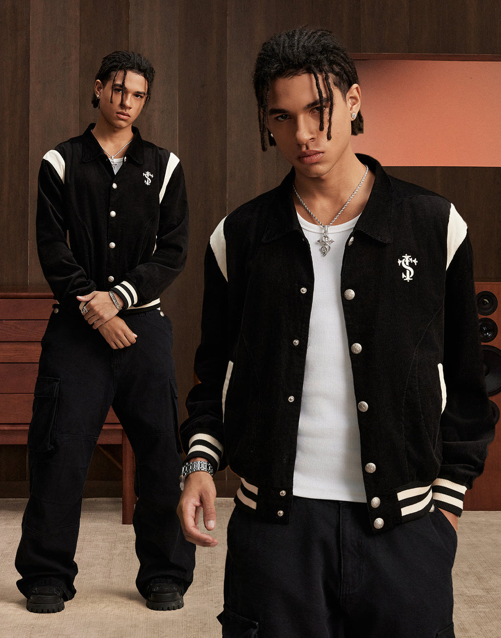 Small Town Kid Rivet Cross stitching Patch Corduroy Varsity Jacket