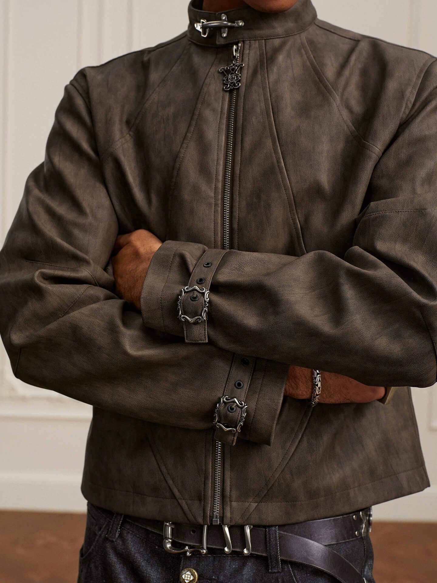 YADcrew Washed PU Leather Racing Jacket