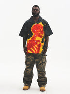 UNTILWERICH Cuban Collar Flaming Skull Short Sleeve Shirt