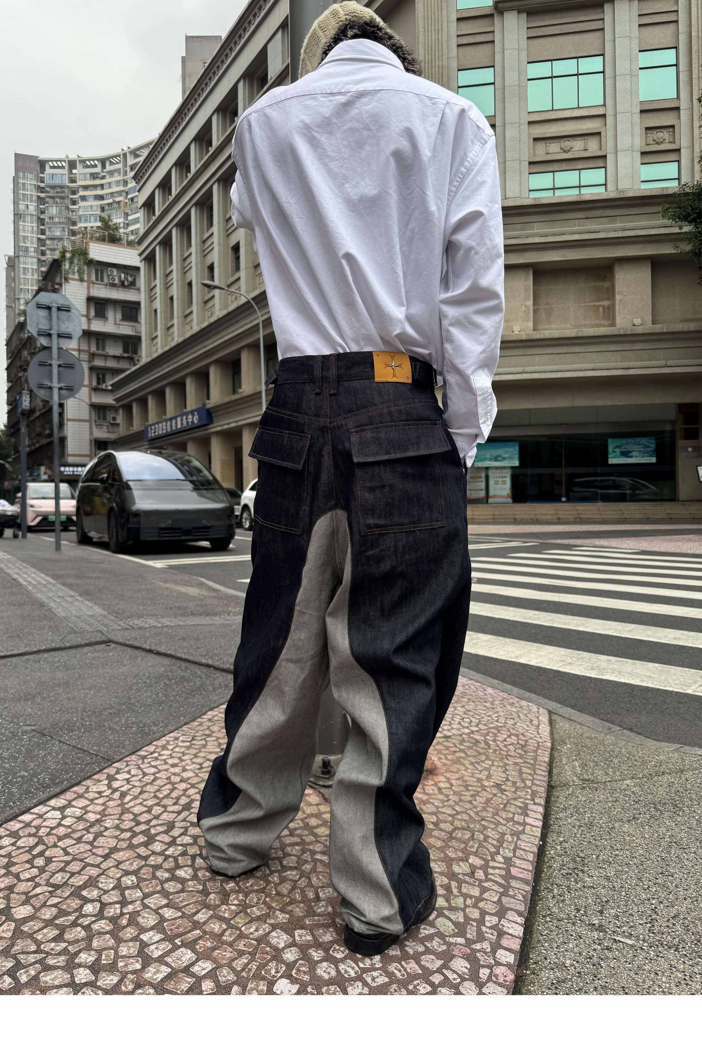 STEEPC Button Fly Reverse Patchwork Baggy Jeans