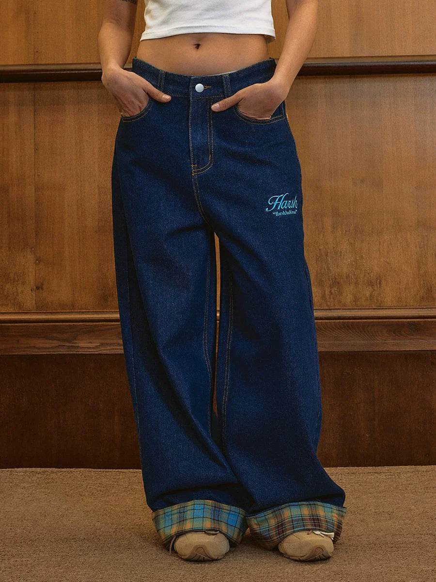 Harsh and Cruel Plaid Trim Cuffed Pocket Jeans