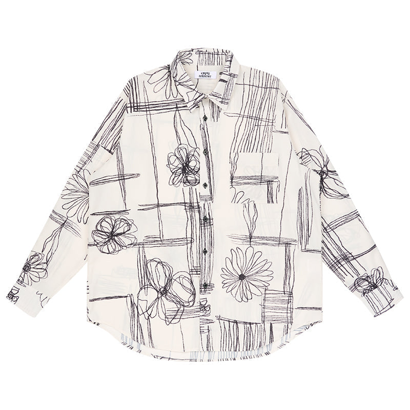 EMPTY REFERENCE Sketch Plaid Floral Print Long Sleeved Shirt
