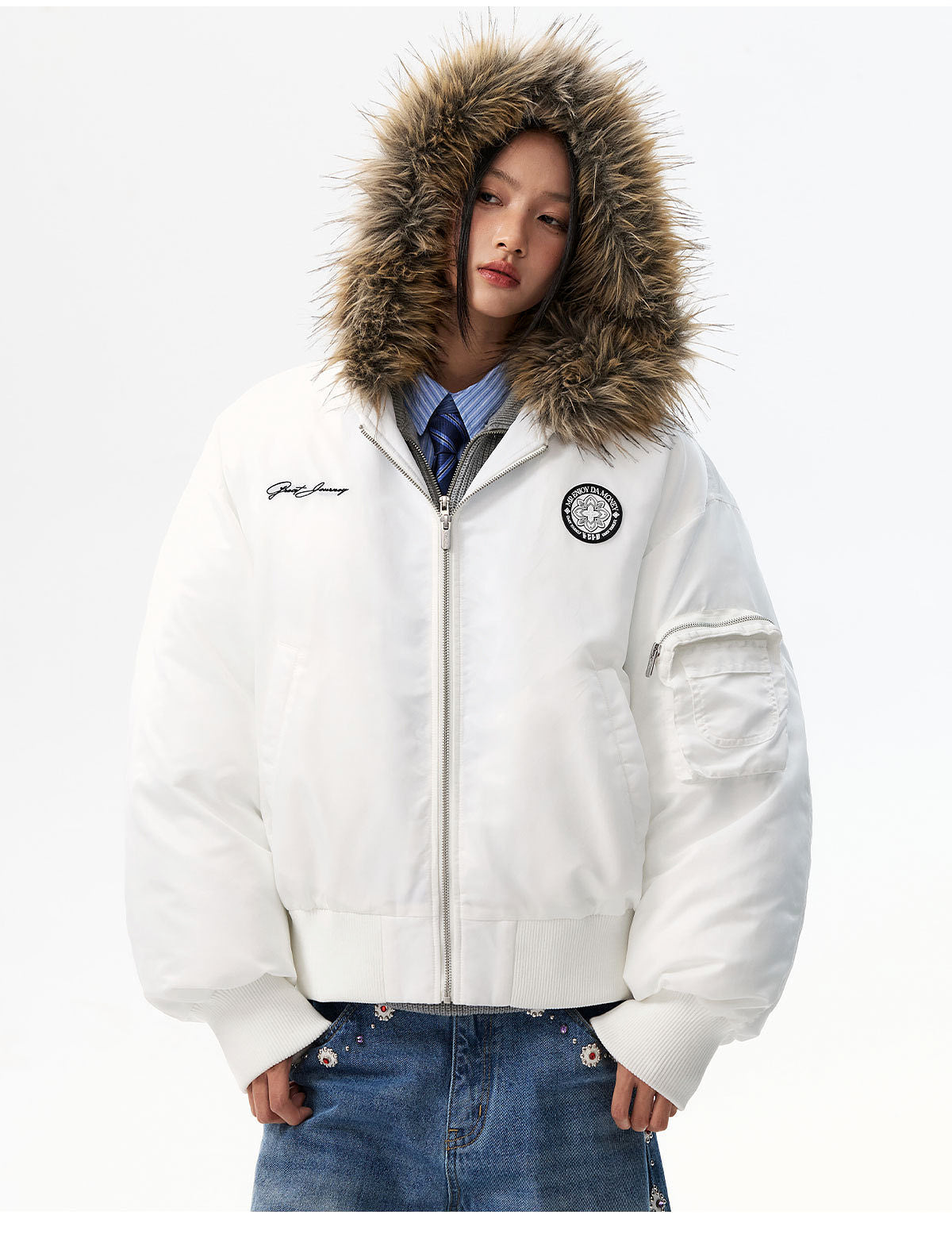 MEDM Silicone Logo Patch Fur Hooded Bomber Jacket