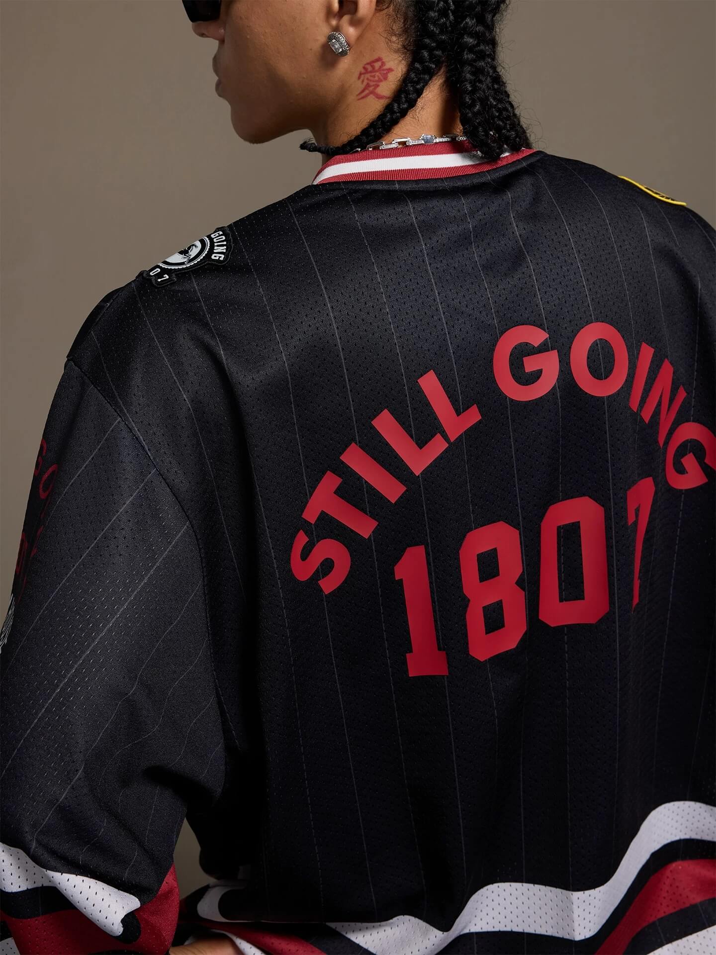 1807 Print Patch V Neck Mesh Long Sleeve Hockey Jersey