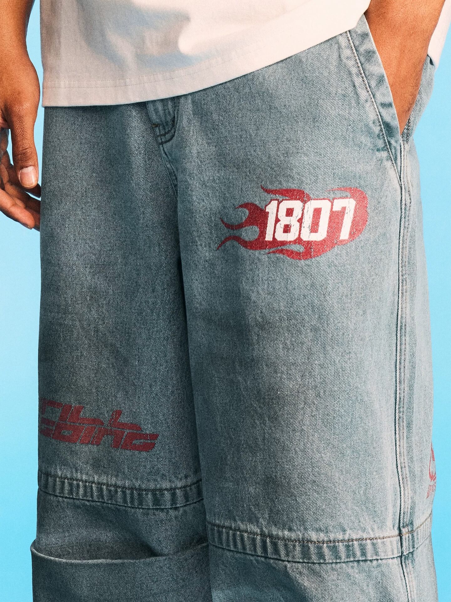 1807 Racing Crackle Print Washed Baggy Jeans