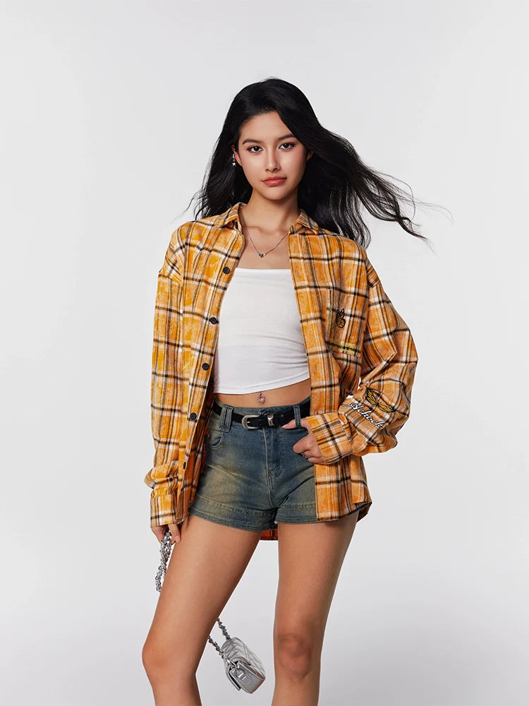 Achock Washed Plaid Butterfly Embroidery Long Sleeved Shirt