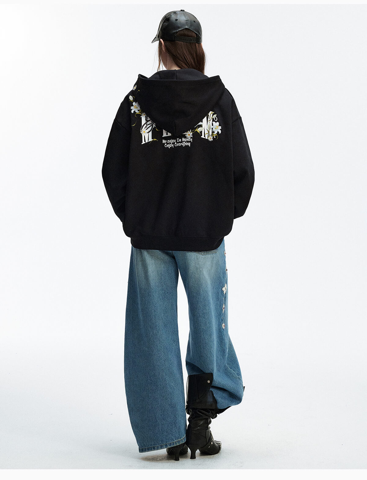 MEDM Rose Embroidered Zip Up Hoodie