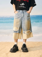 Harsh and Cruel Distressed Wash Layered Denim Shorts